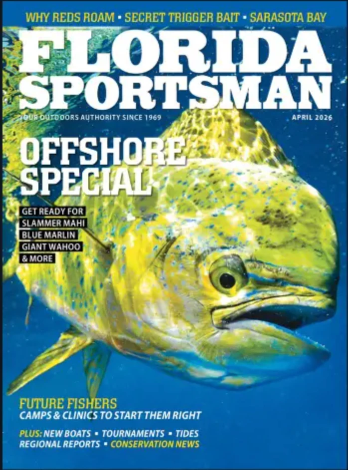 Florida Sportsman Magazine April 2026 cover featuring Bass & Exotics Charters